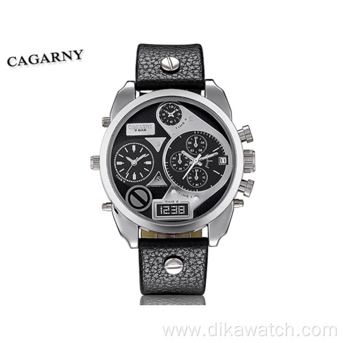 Cagarny Creative Man Watch Belt Dual Time Zone Large Dial Wristwatch Quartz 6822